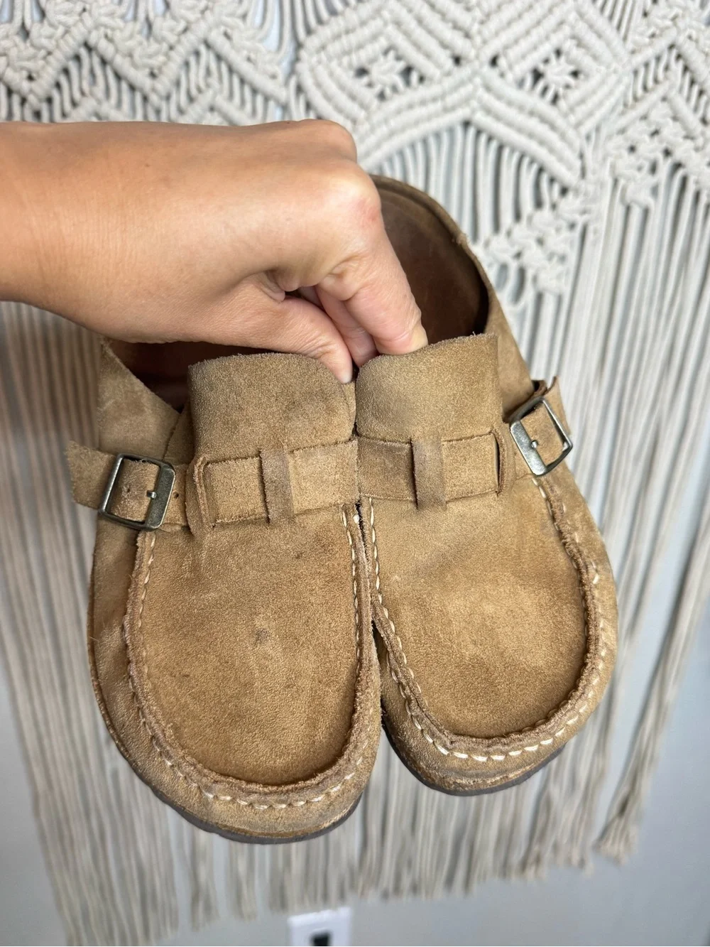 Birkenstock Suede Slip-On Clog in Tan Brown with Buckle